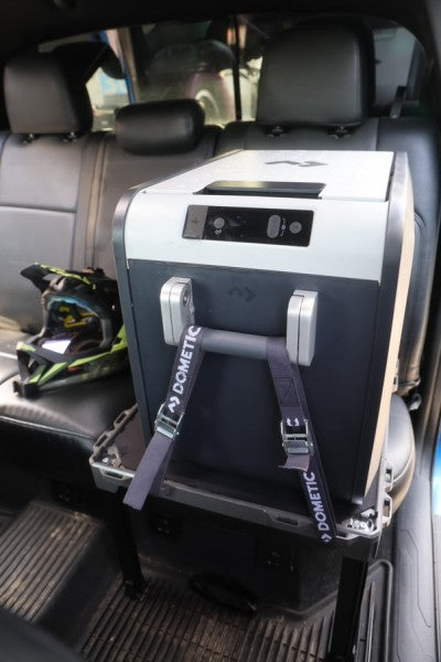 overlander's fridge stored on KARGA back seat shelf 